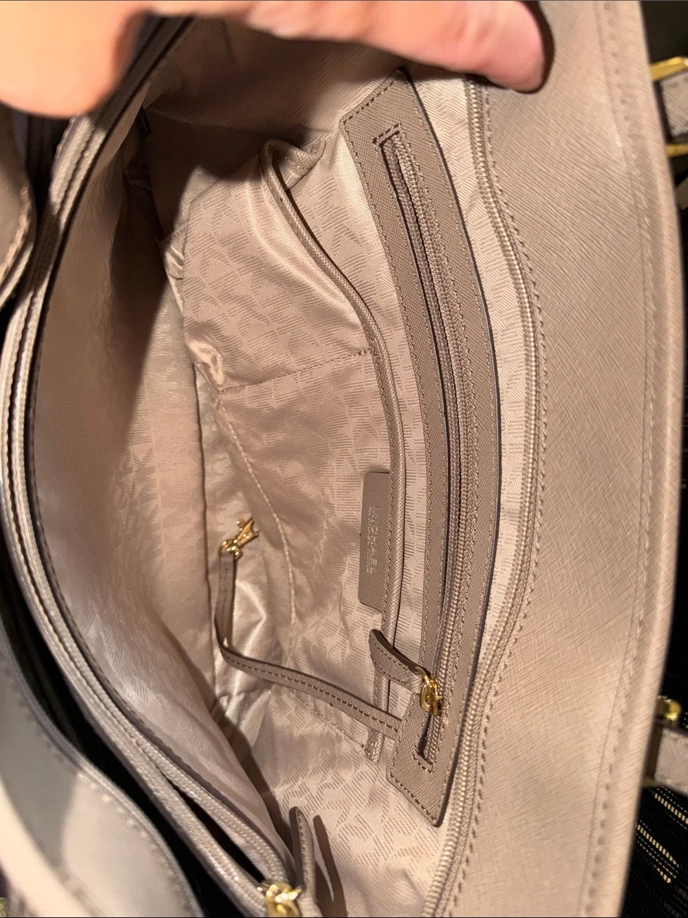 Michael Kors Taupe Leather Saffiano Tote with Gold Charm like new